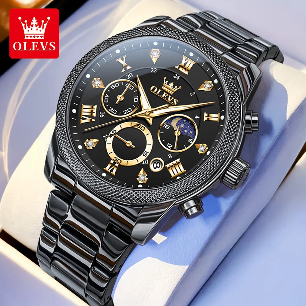 OLEVS 3660 Men's Watch Trendy Leather Strap Moon Phase Chronograph Luminous Waterproof Original Quartz Watch for Man Wristwatch