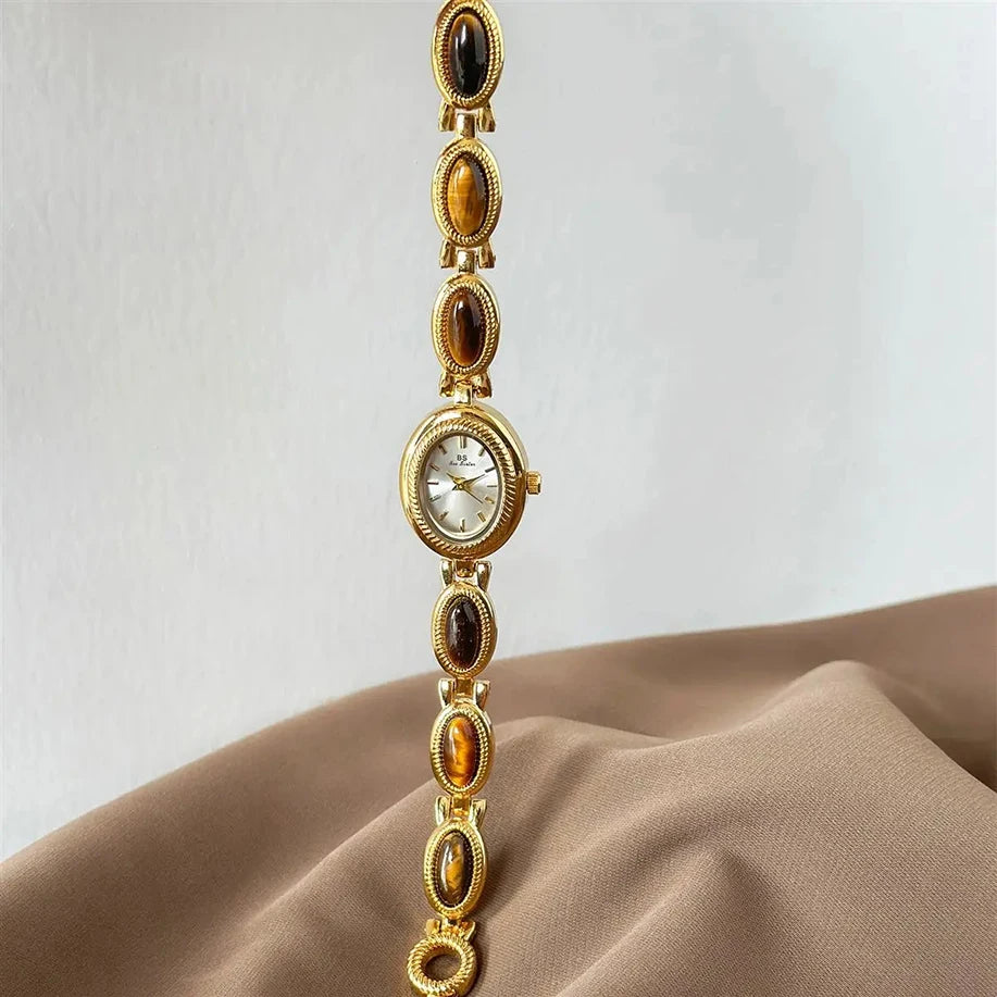 Watches For Woman Elegant Vintage Natural Dongling Stone Bracelet Ladies Small Dial Oval Quartz Dress Watch