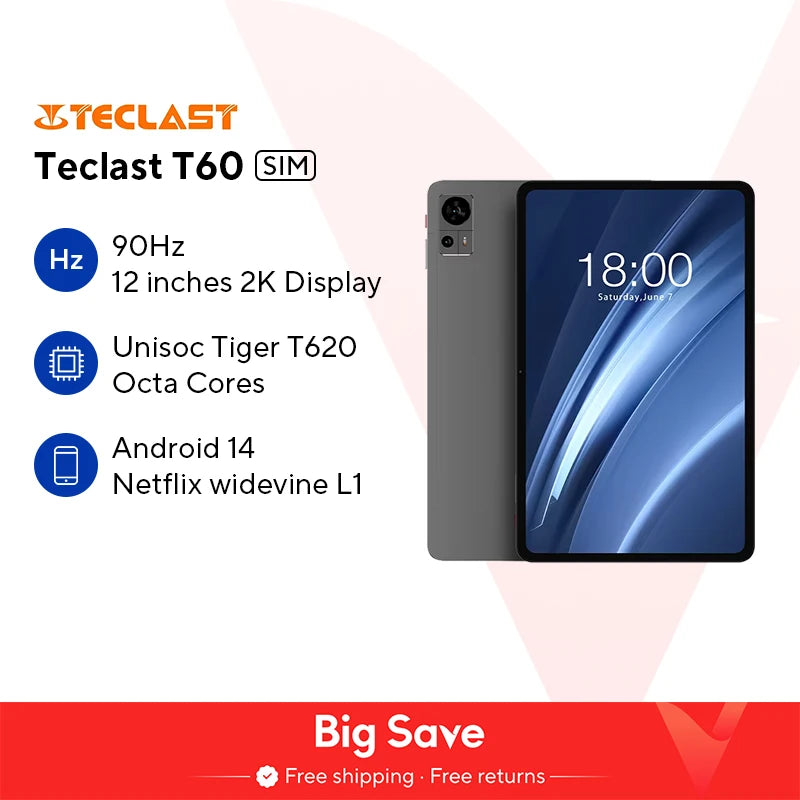 Teclast T60 12 inch 2K Tablet Android 14 8GB+12GB RAM 256GB ROM T620 octa-core 8000mAh 18W PD Fast Charging 4G VoLTE GPS Tablets
