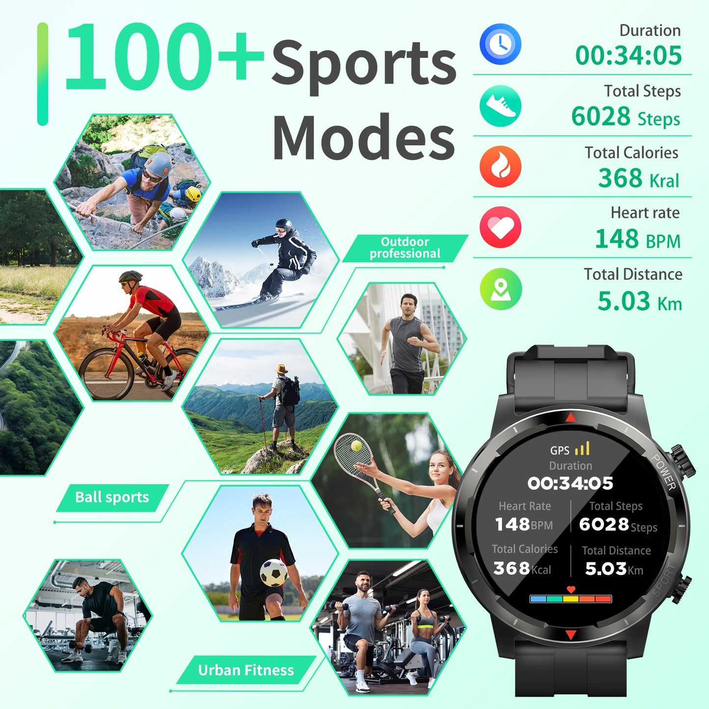 EZON S9 GPS AMOLED Sports Watch, Barometer, Compass, Heart rate/ sleep monitor, IP68 Waterproof, Alloy housing for men/women