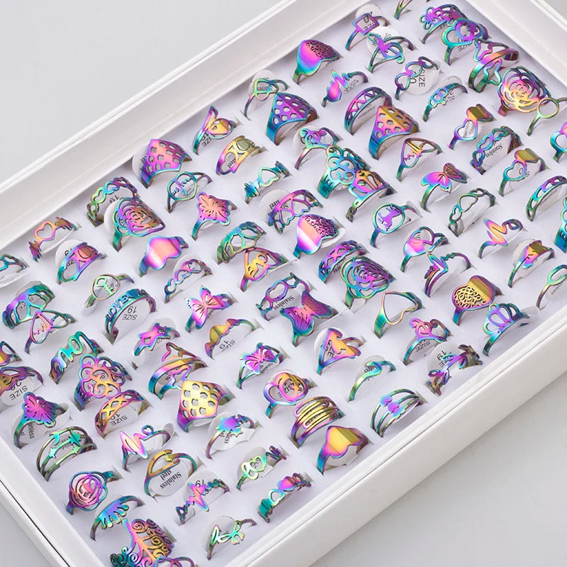 100 Pieces Stainless Steel Engraved Rings for Men and Women Fashion Charm Jewelry Gift Hollow Flower Finger Rings Wholesale Lots