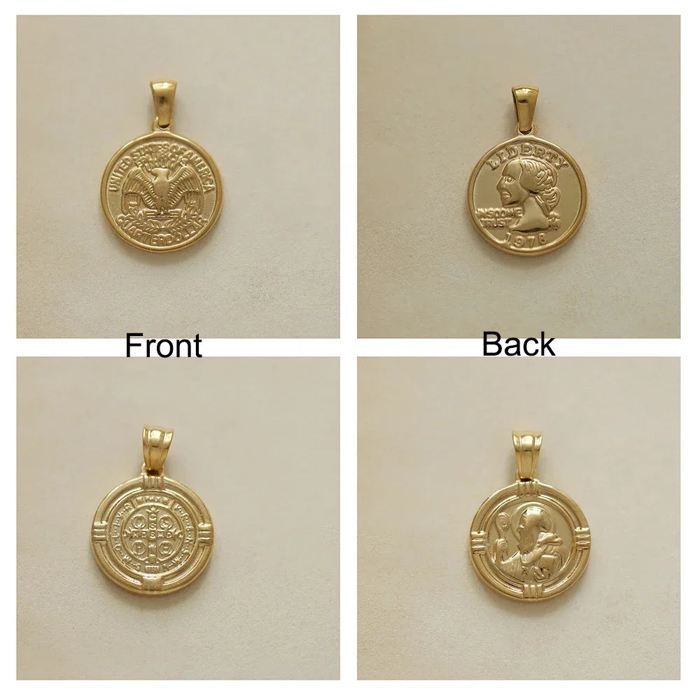 RHYOSNG Vintage Jewelery Stainless Steel 18K PVD Plated Golden Charm Round Portrait Key Moon Only Pendant For Women DIY Necklace