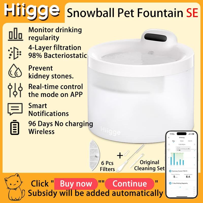 Hiigge Cat Water Fountain SE 70mai Wireless Automatic Pet Drinker for Dog Cats Water Dispenser with data analysis