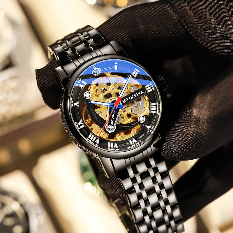 Casual Mechanical Watches For Men Fashion Stainless Steel Strap Automatic Hollow Wristwatch Luminous Skeleton Clock Relogio