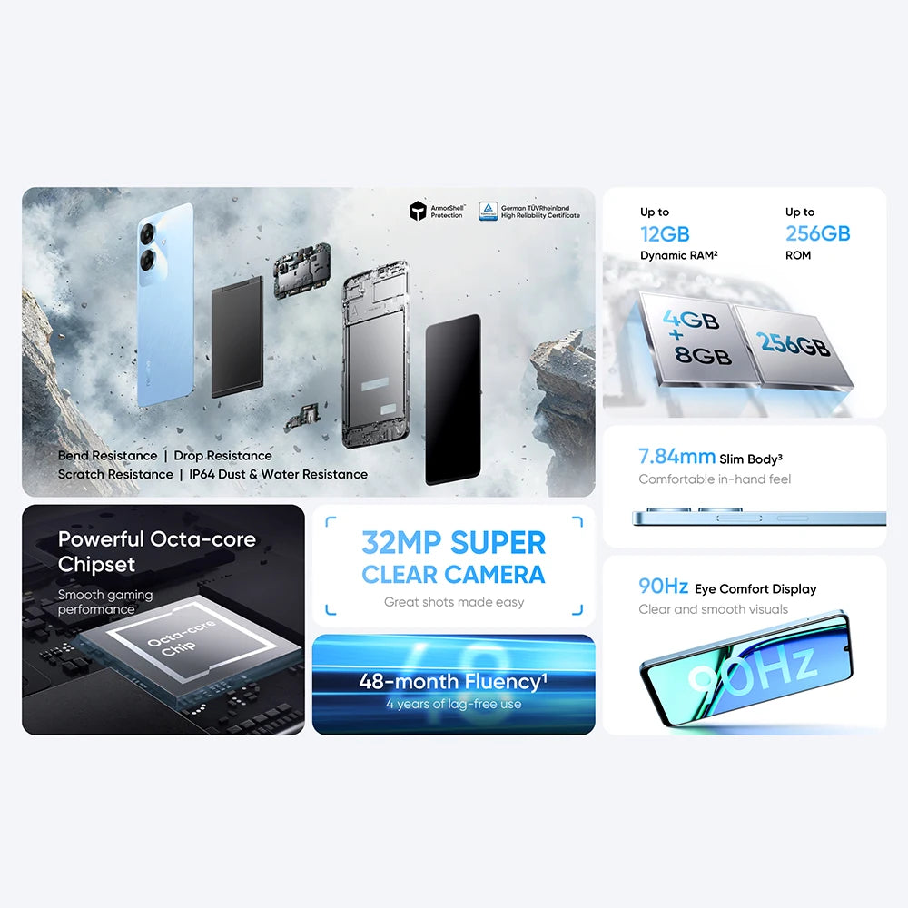 realme Note 60 4+256GB 6.74'' 90Hz Display Phone 32MP Clear Camera 5000mAh IP64 Waterproof Drop Resistant All-round Protection