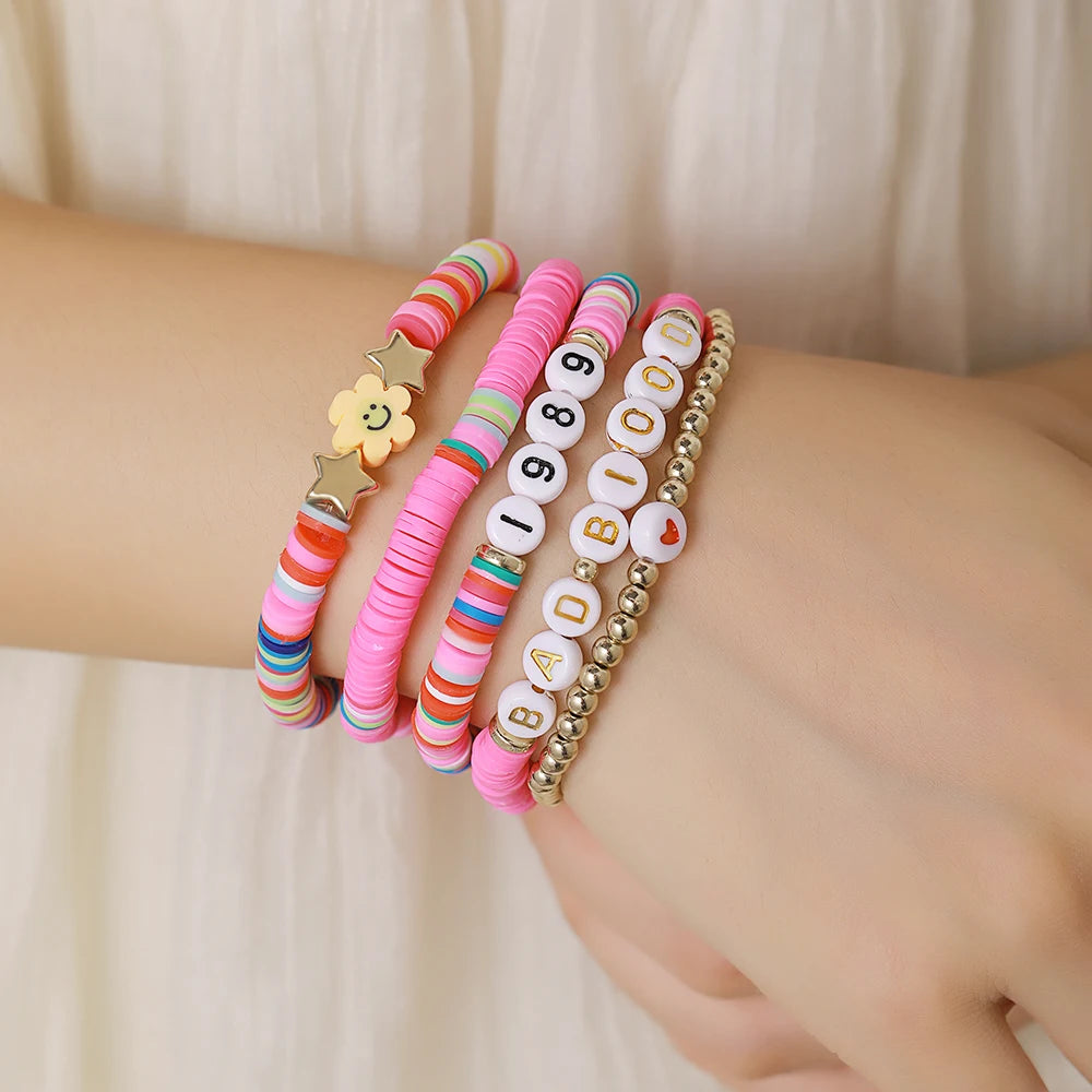 New In Simple Colorful Polymer Clay Smiling Face Love Pearl Bracelet Set Emotional Bracelet for women scene vintage jewelery