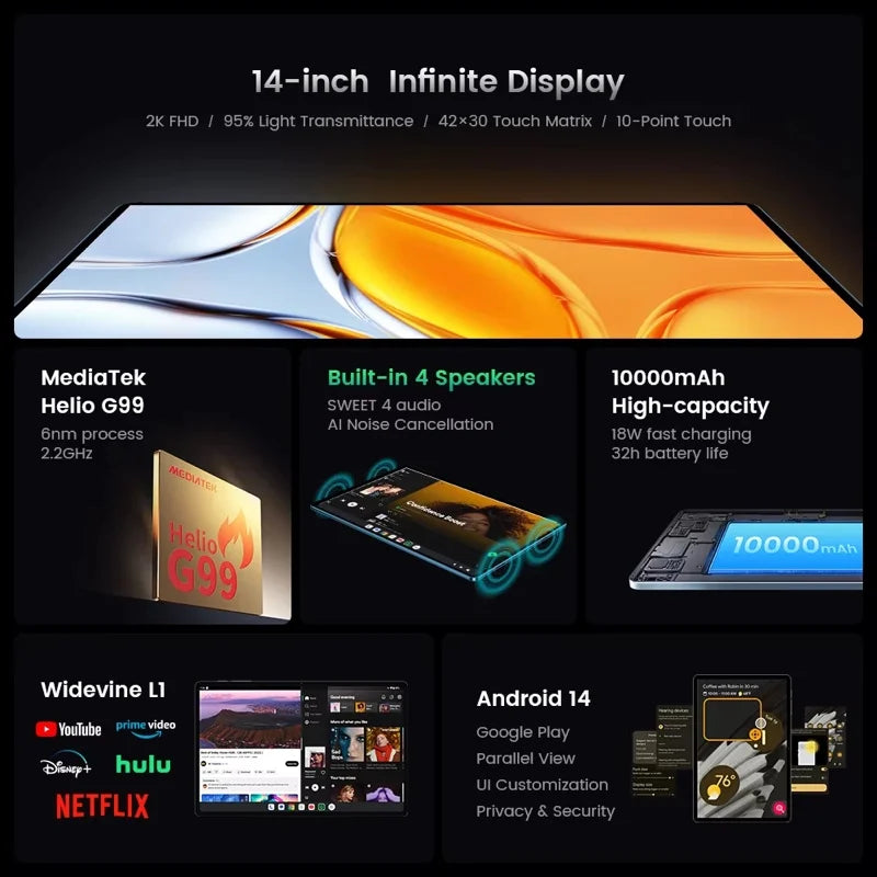 【World Premiere】Teclast T70 Tablet 14" FHD Display Android 14 MTK Helio G99 8GB/256GB 10000mAh Battery 18W 4G LTE Global Version