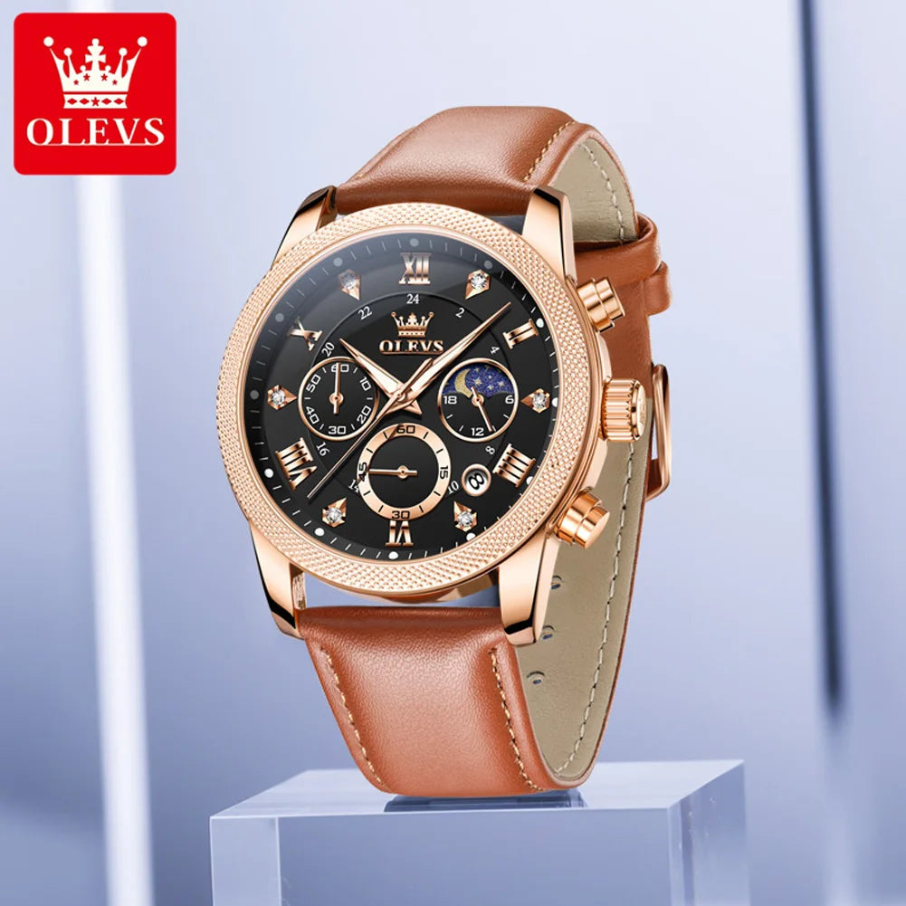 OLEVS 3660 Men's Watch Trendy Leather Strap Moon Phase Chronograph Luminous Waterproof Original Quartz Watch for Man Wristwatch