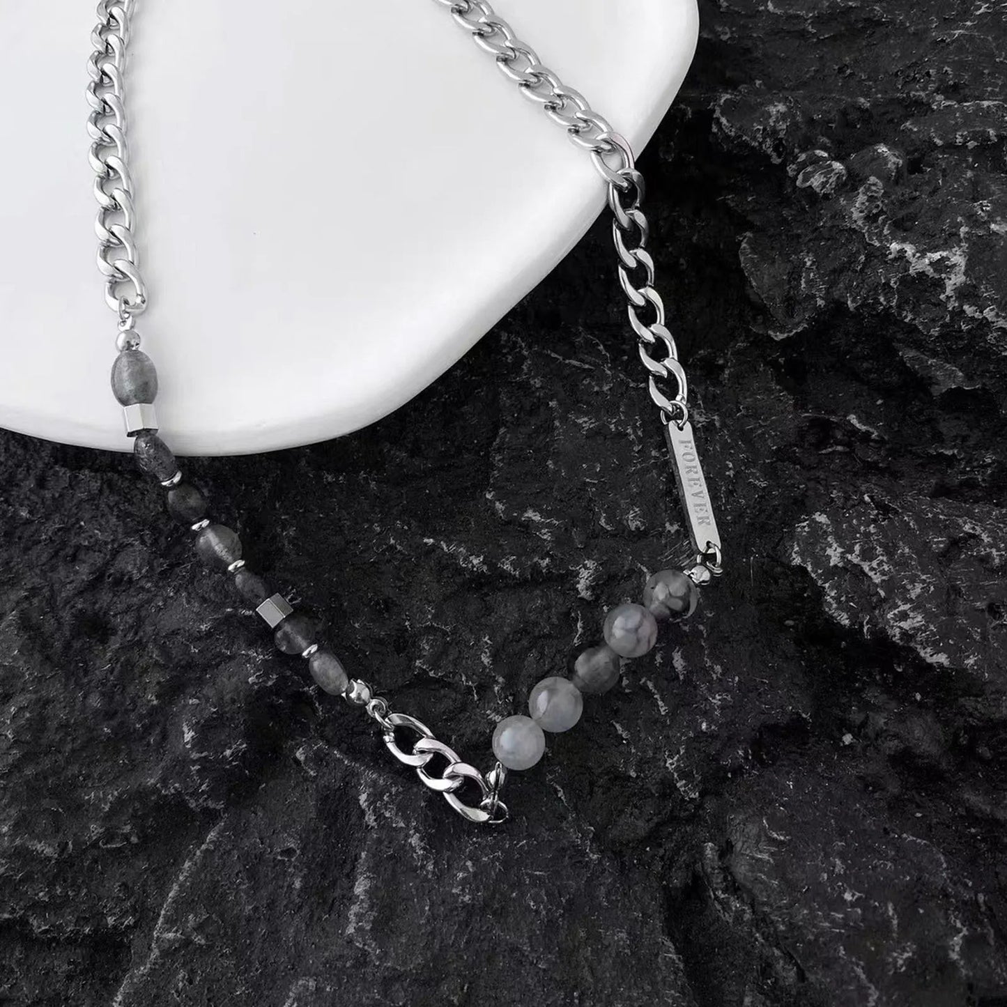 Vnox 7mm Cuban Chain Necklaces, Unisex Beads Charm Collar, Women Men Miami Curb Links with Forever Bar