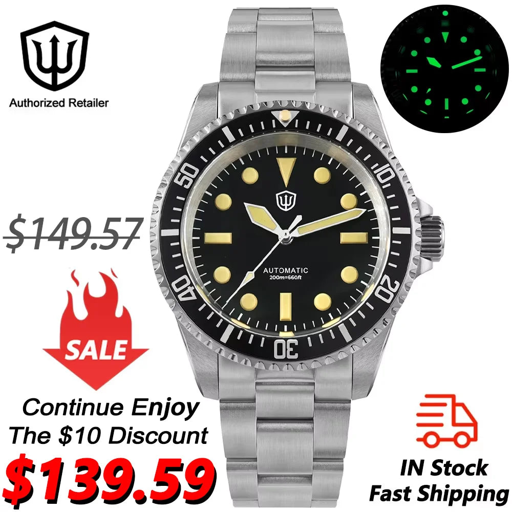 Watchdives WD5513 V2 Watch NH35 Automatic Movement Sapphire Crystal 20Bar Waterproof C3 Luminous 38mm Sub Vintage Watches