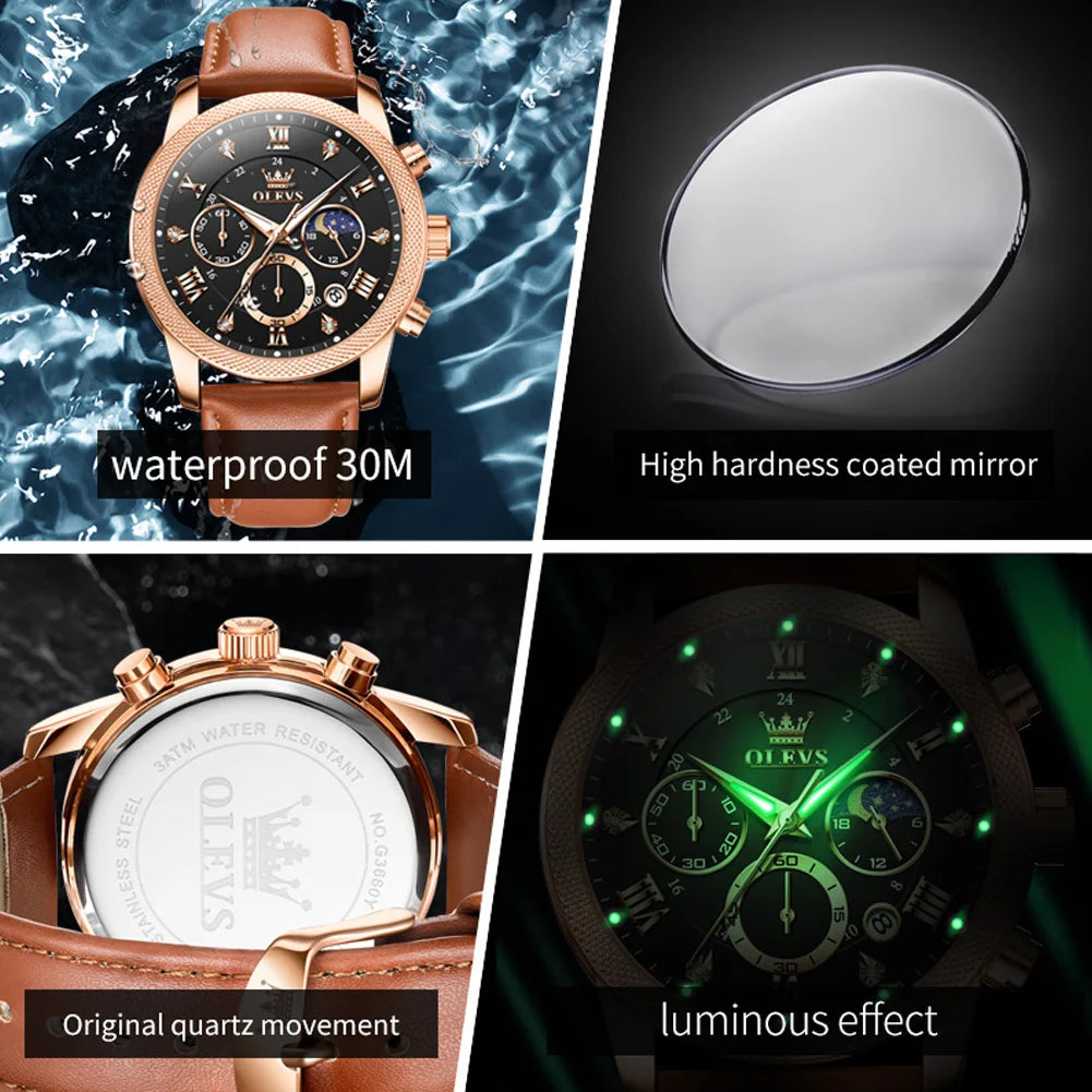 OLEVS 3660 Men's Watch Trendy Leather Strap Moon Phase Chronograph Luminous Waterproof Original Quartz Watch for Man Wristwatch