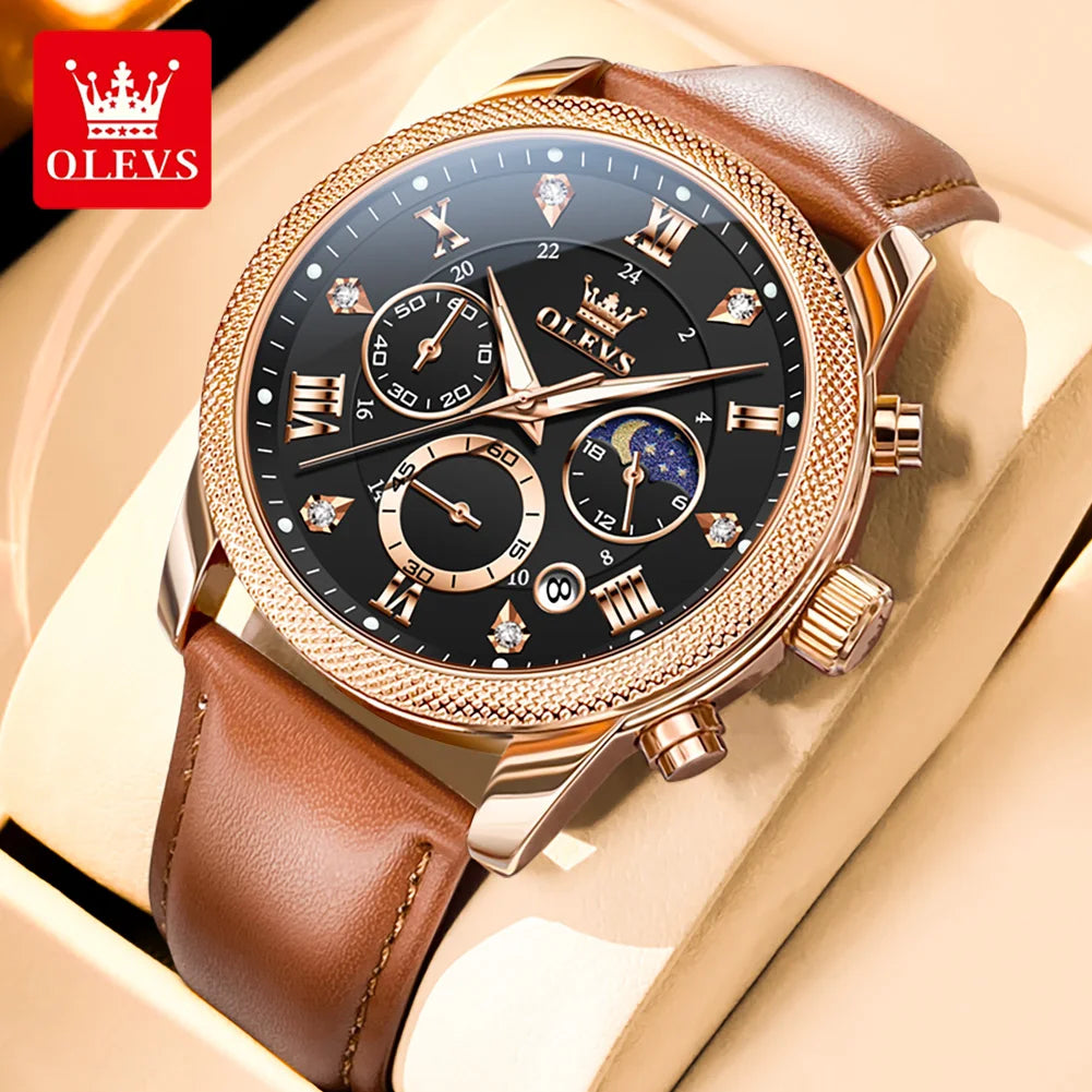 OLEVS 3660 Men's Watch Trendy Leather Strap Moon Phase Chronograph Luminous Waterproof Original Quartz Watch for Man Wristwatch
