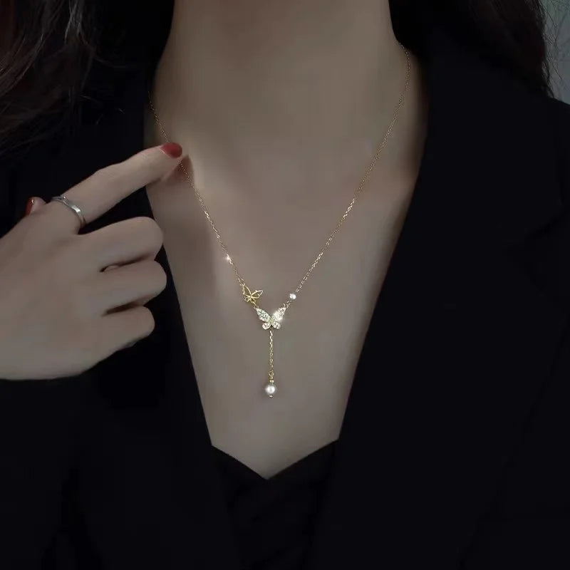 Fashion Trend Unique Design Elegant Delicate Light Luxury Zircon Butterfly Necklace For Women Jewelry Wedding Party Premium Gift