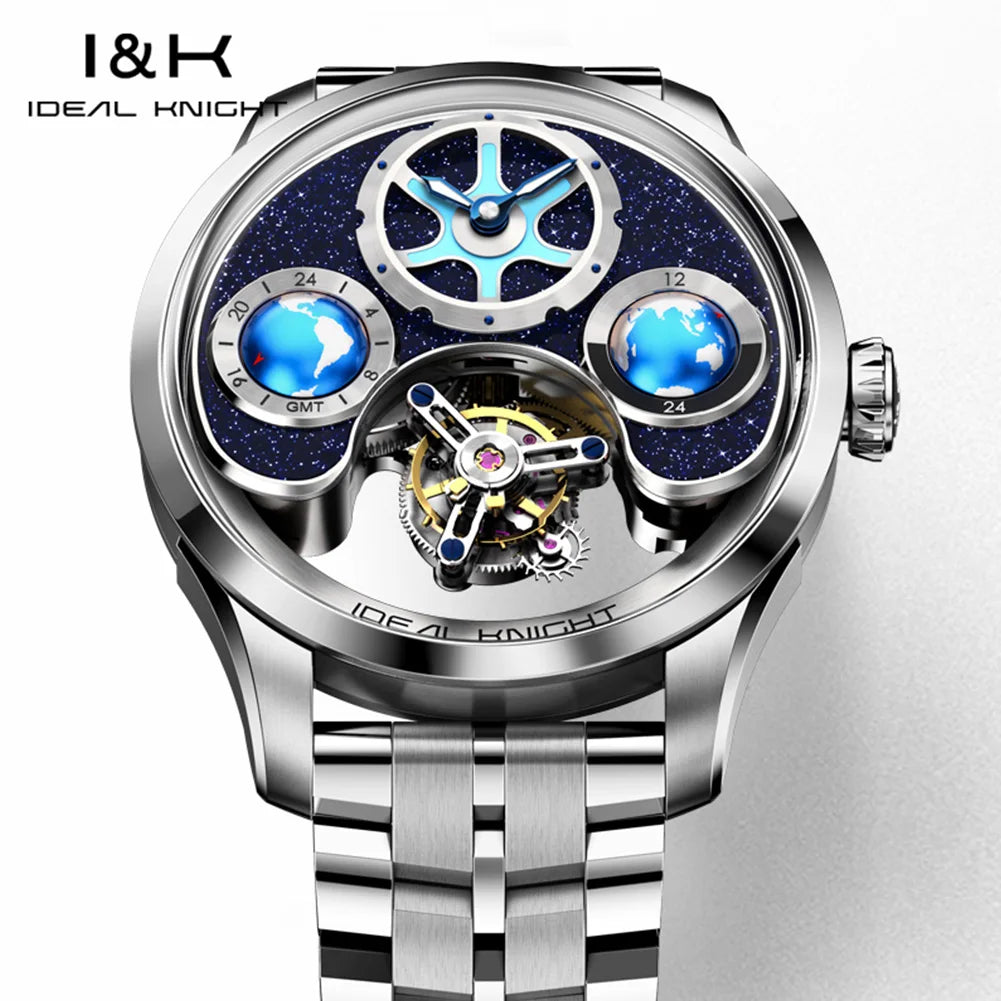 IDEAL KNIGHT 6808 Original Mechanical Watch For Men Top Brand 43mm Big Dial Flywheel Skeleton Hand Clock Business Man Watch Set