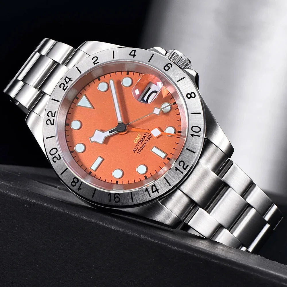 NH34A Watch Waterproof Field Automatic Mechanical Wristwatch Men Orange GMT Hand Master 24 Hours Sapphire Glass Glide Lock