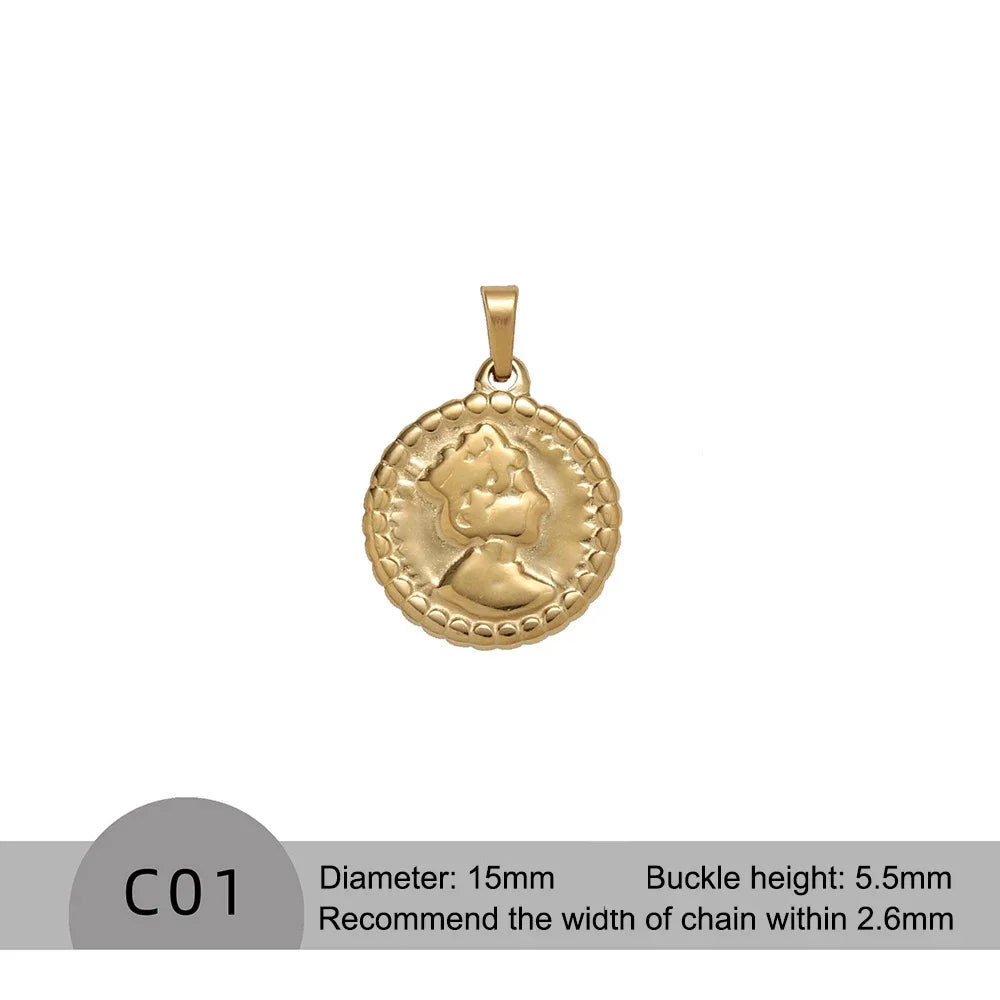 RHYOSNG Vintage Jewelery Stainless Steel 18K PVD Plated Golden Charm Round Portrait Key Moon Only Pendant For Women DIY Necklace