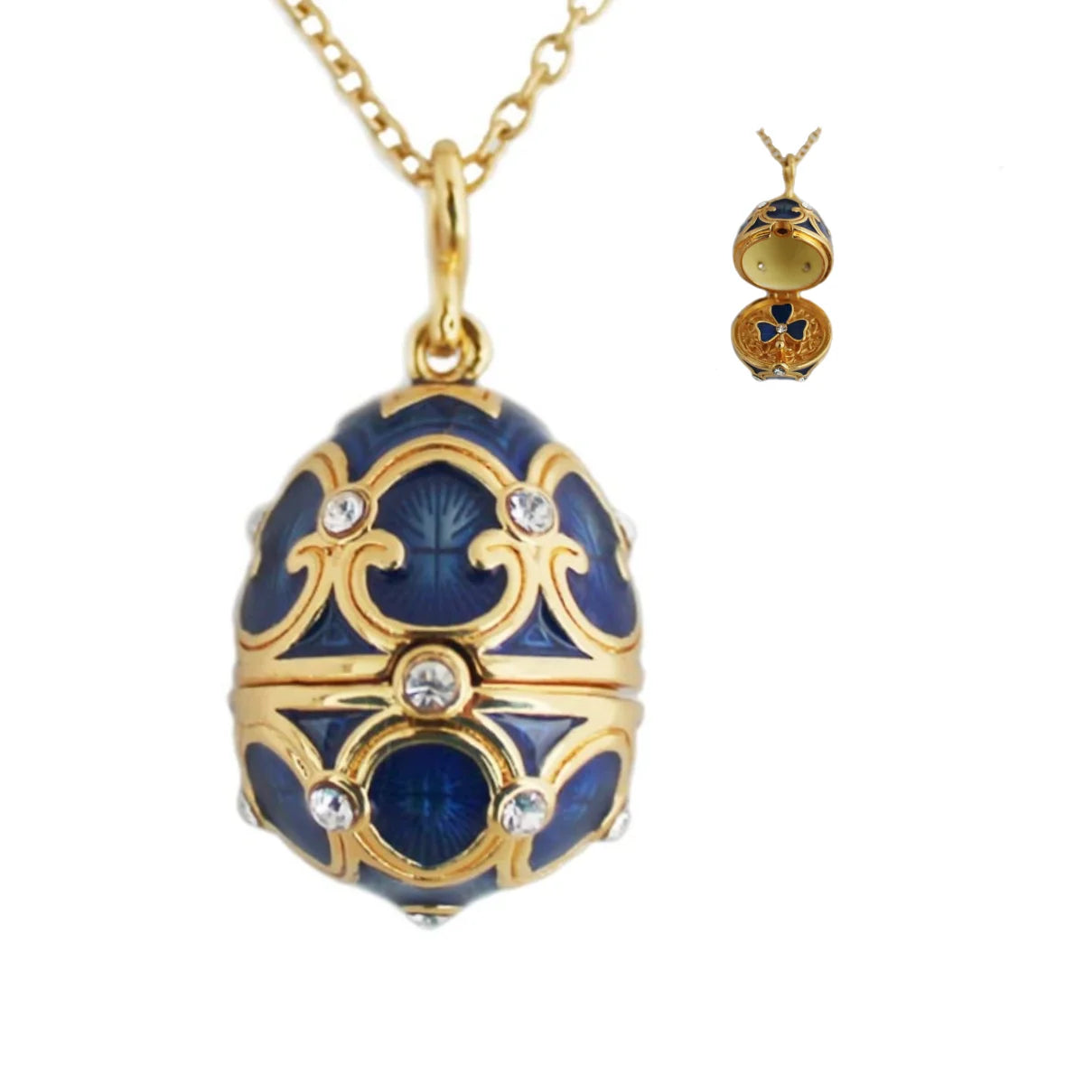 Enamel Handmade Faberge Easter Egg Pendant Necklace Jewelry Locket Brass Vintage Crystal Clover Inside Gift To Women Girls