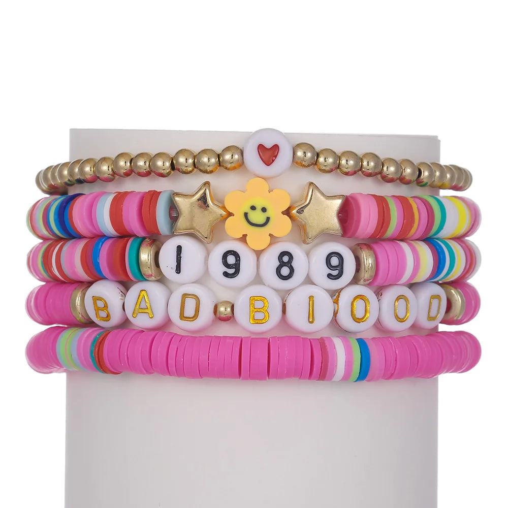 New In Simple Colorful Polymer Clay Smiling Face Love Pearl Bracelet Set Emotional Bracelet for women scene vintage jewelery