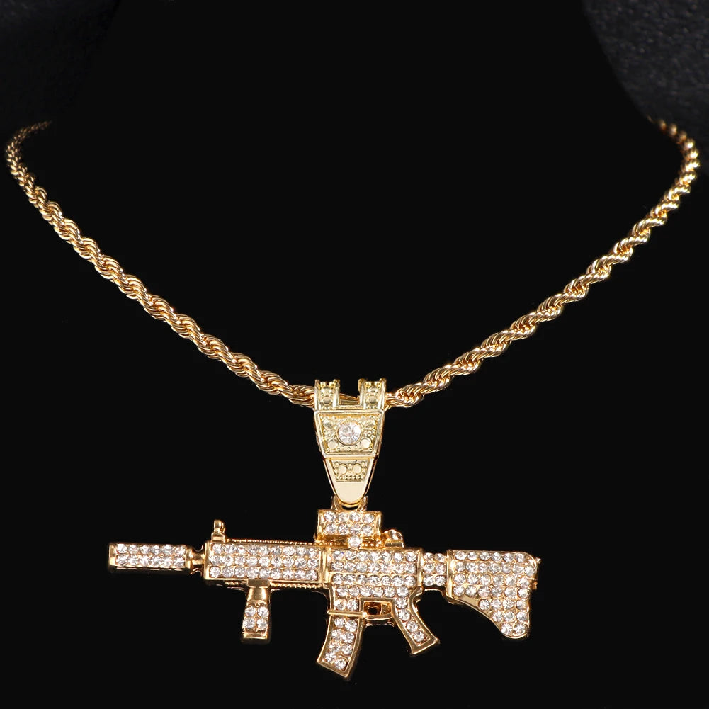 Men Women 14MM Cuban Chain AK47 Gun Pendant Necklace Iced Out AAA Rhinestone Prong Miami Cuban Link Chain Hip Hop Jewelry Gifts