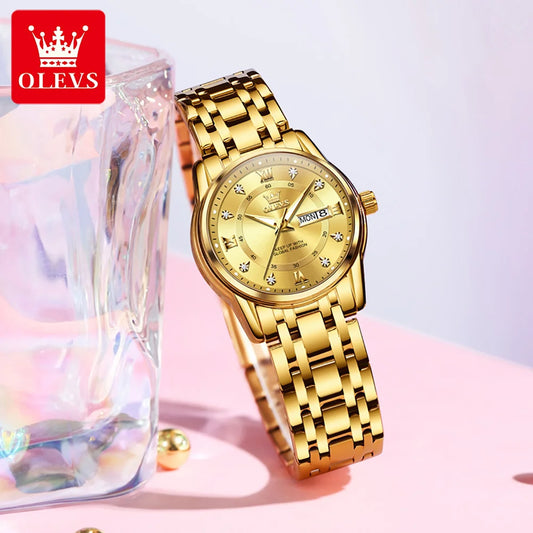 OLEVS Best Selling Fashion Stainless Steel Quartz Ladies Watch Luxury Dual Calendar Luminous Waterproof Elegant Watch for Women