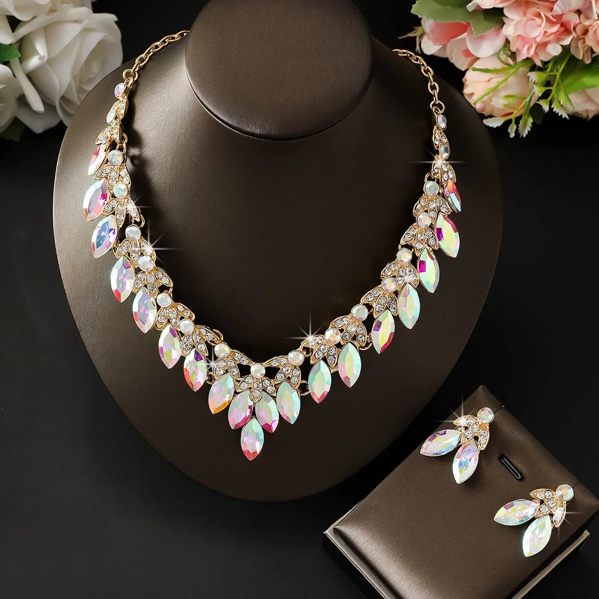 Rhinestone Choker Necklaces Earrings Set Crystal Necklaces Fashion Gold Color for Women Bridal Weddings Jewelry Party