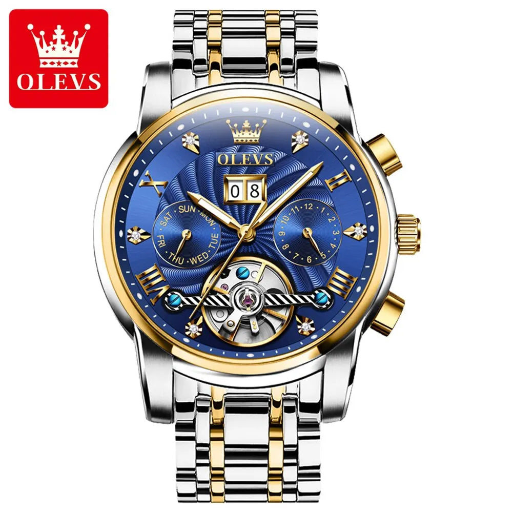 OLEVS Mens Watch Automatic Mechanical Tourbillon Slef-Wind Luxury Stainless Steel Strap Waterproof Luminous Date Wrist Watch