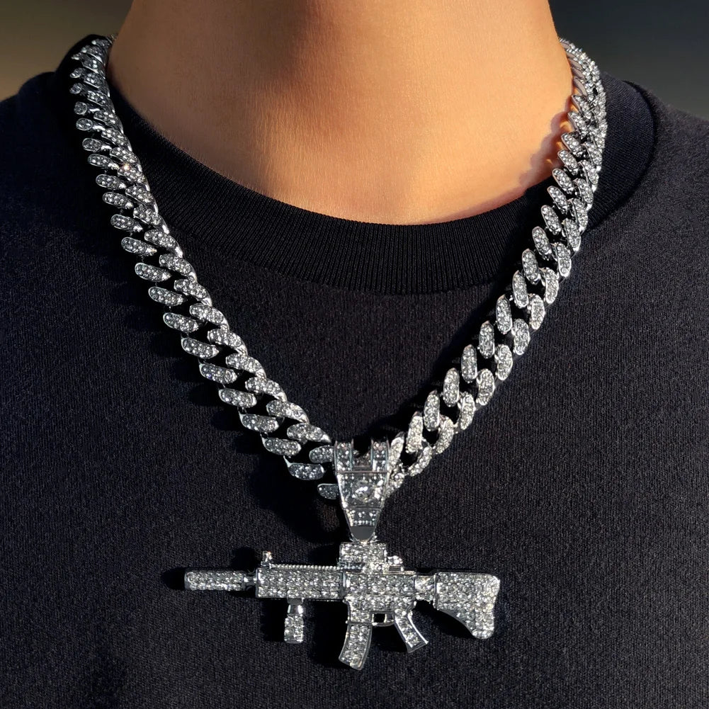 Men Women 14MM Cuban Chain AK47 Gun Pendant Necklace Iced Out AAA Rhinestone Prong Miami Cuban Link Chain Hip Hop Jewelry Gifts
