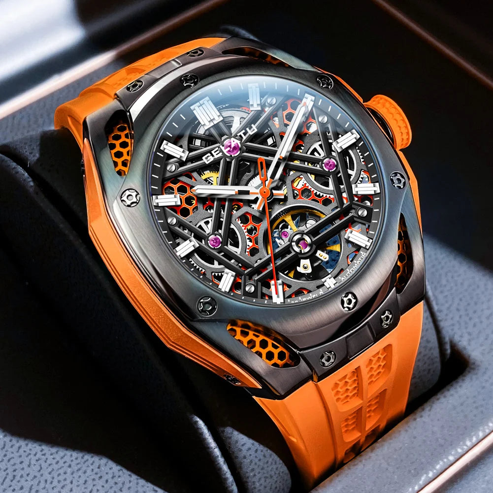 GELATU NEW Skeleton Tourbillon Watch For Men 5ATM Waterproof Luxury Sky Blue Automatic Mechanical Watches Mens Reloj Hombre
