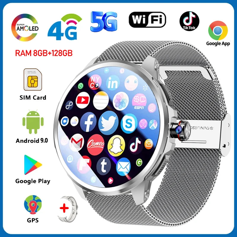 5G/4G All-Network Smart Watch 1.95 inch AMOLED 2100mah Battery 8GB+128GB RAM 900W Camera GPS WIFI Google APP Download Smartwatch