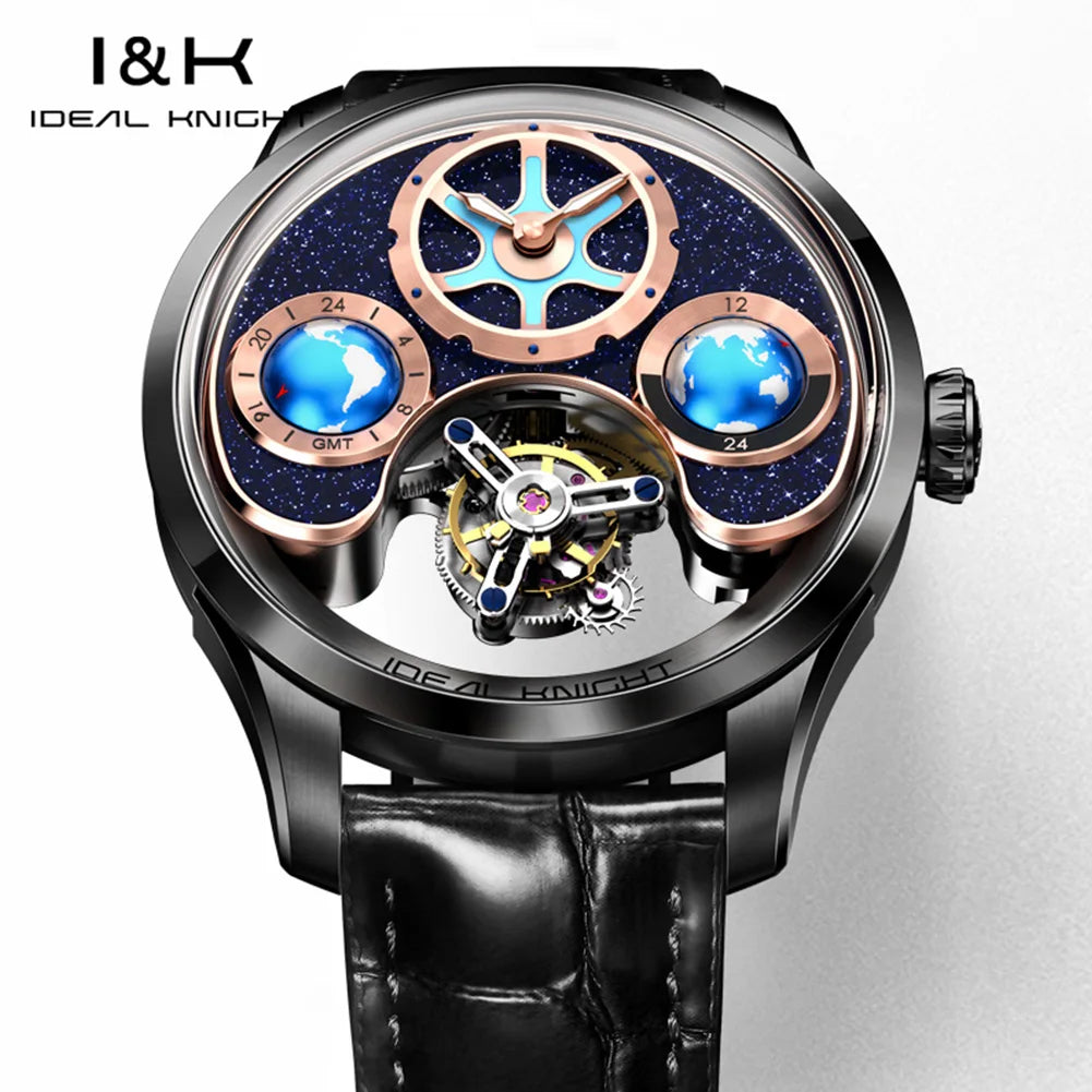 IDEAL KNIGHT 6808 Original Mechanical Watch For Men Top Brand 43mm Big Dial Flywheel Skeleton Hand Clock Business Man Watch Set