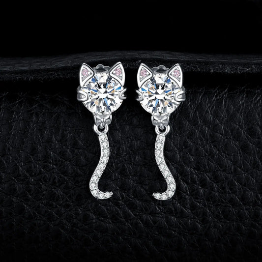 JewelryPalace New Arrival Love Cat Wagging Tail 4ct Round Gemstone 925 Sterling Silver Dangle Stud Earrings for Woman Girl Gift