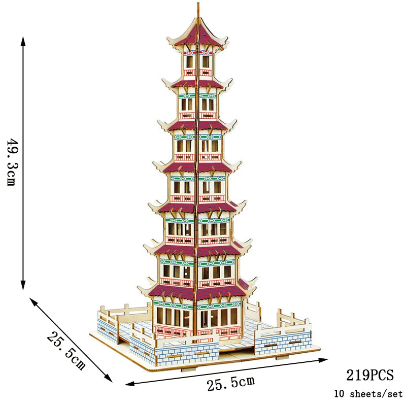 DIY 3D Jigsaw Leifeng Pagoda Wooden Puzzle Wenchang Tower Building Model Game Assembly Constructor Toys For Children Gift
