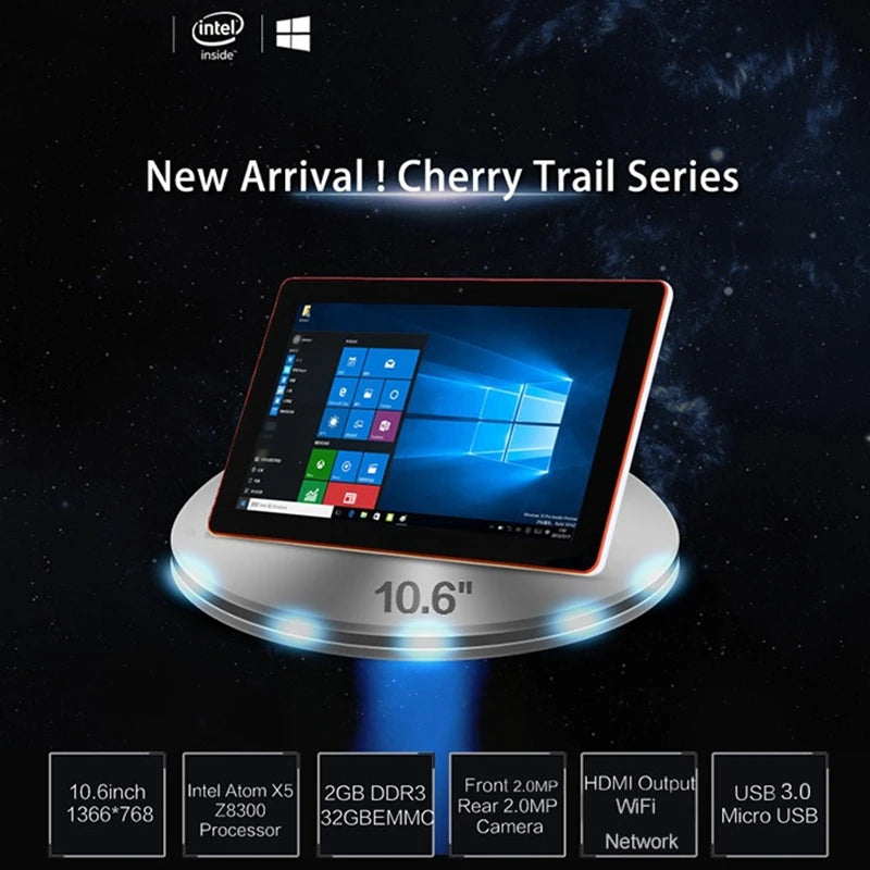 32Bit 10.6" Windows 10 Tablet PC 2GB RAM 32GB ROM X5 Z3735F Quad Core 1.33-GHz 1366 x 768 Pixel WIFI HDMI 6600mAh