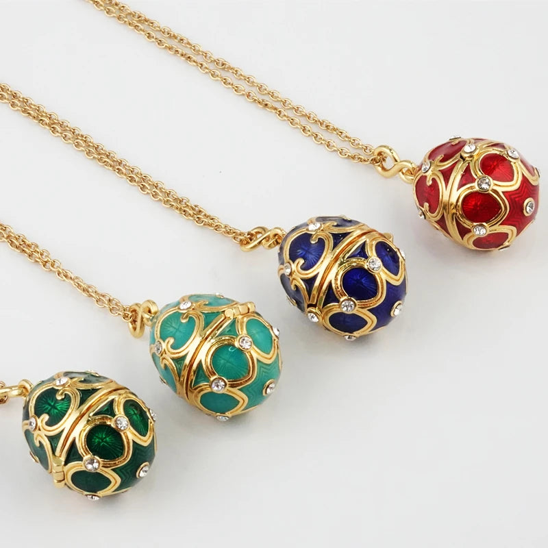 Enamel Handmade Faberge Easter Egg Pendant Necklace Jewelry Locket Brass Vintage Crystal Clover Inside Gift To Women Girls