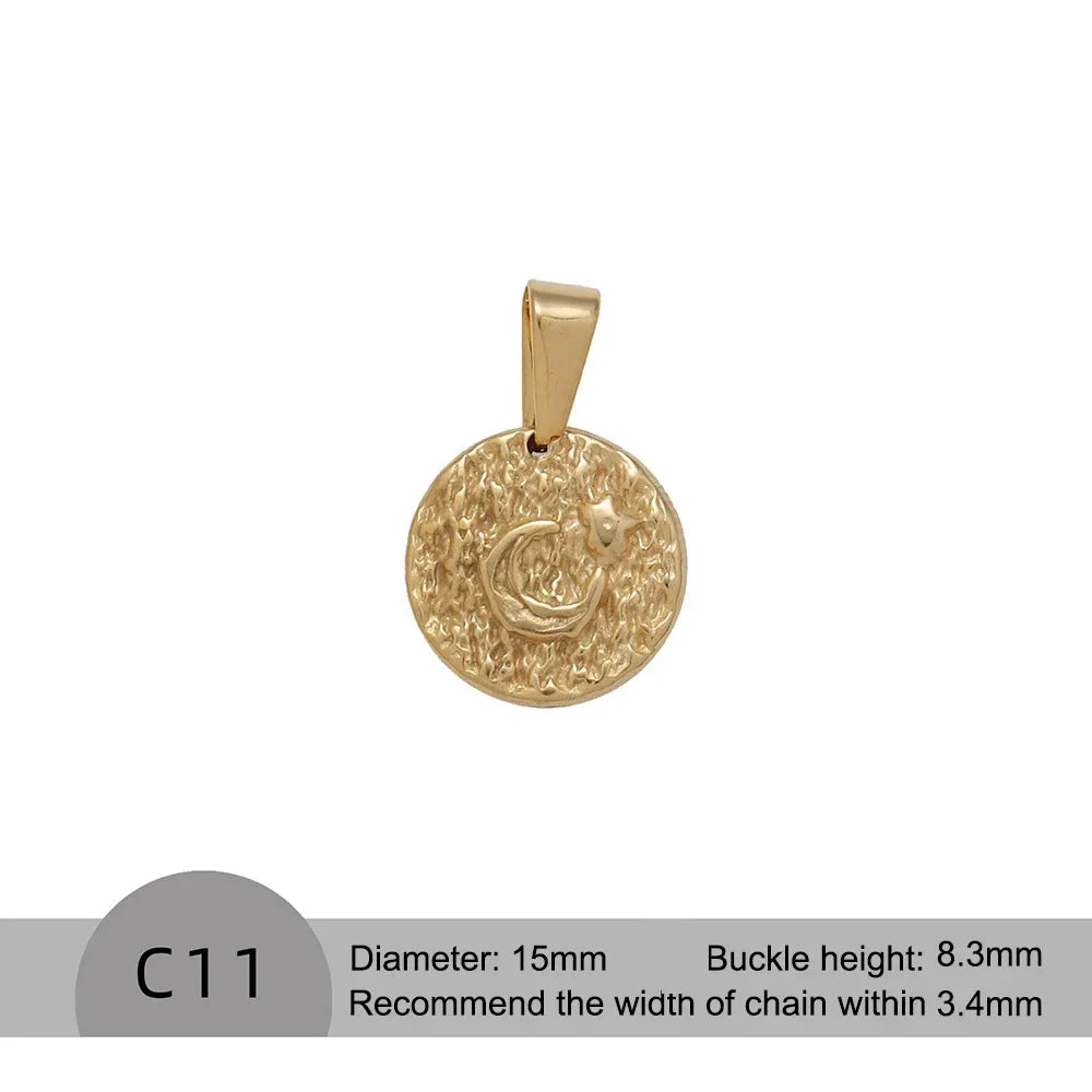 RHYOSNG Vintage Jewelery Stainless Steel 18K PVD Plated Golden Charm Round Portrait Key Moon Only Pendant For Women DIY Necklace