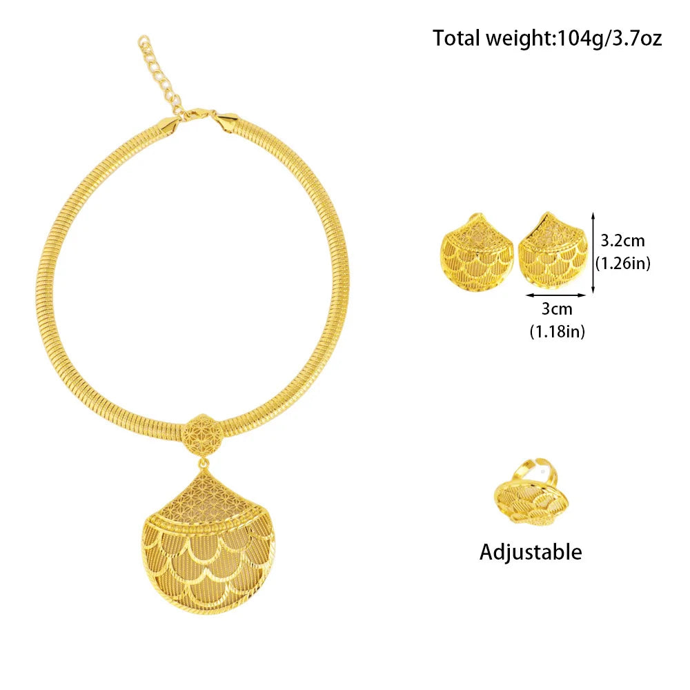 Stainless Steel Women's Necklace Earrings Ring 3PCS Set Vintage Design Jewelry Party Wedding Gifts for Nigeria Girl Bride