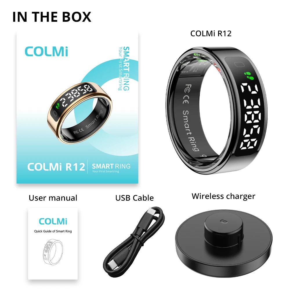 New COLMI R12 Smart Ring, Wireless Charging, Display and Touch, Health Manager, Multi Sports Modes For Men Women, Gold, Silver