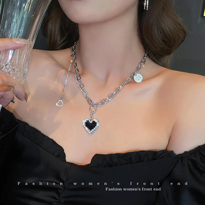 Sweet Kpop Colored Zircon Square Rhinestone Pendant Necklace For Women Y2K Korean Fashion Hoop Metal Choker Collar Jewelry Gift