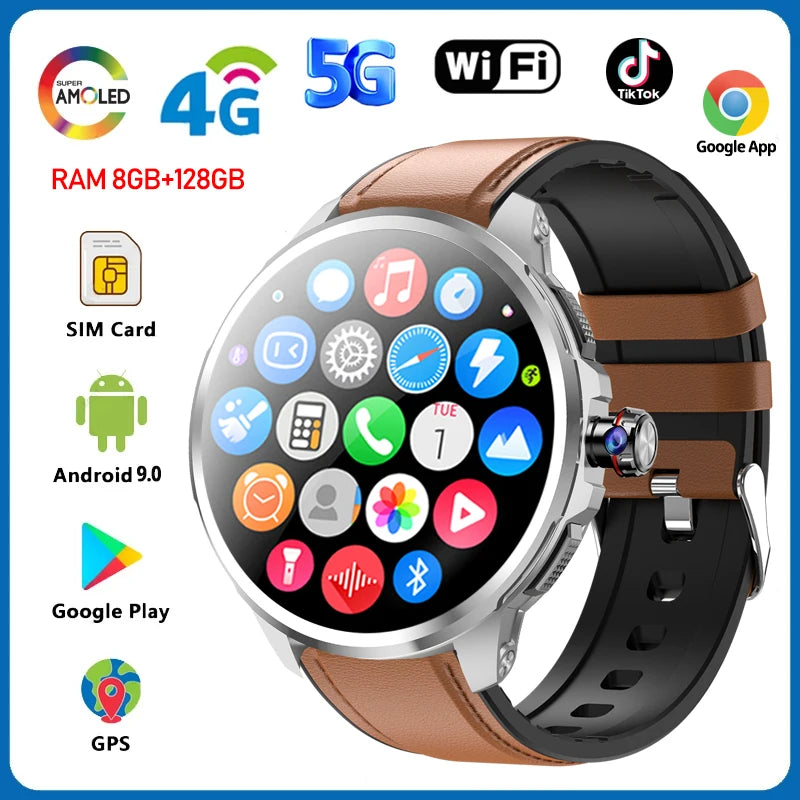 5G/4G All-Network Smart Watch 1.95 inch AMOLED 2100mah Battery 8GB+128GB RAM 900W Camera GPS WIFI Google APP Download Smartwatch