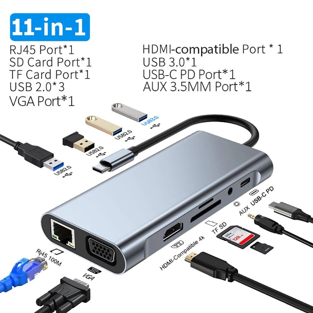 8-in-1 USB HUB with Disk Storage Function Type-C to HDMI-Compatible USB Splitter USB Dock Station For Laptop Macbook Pro Air