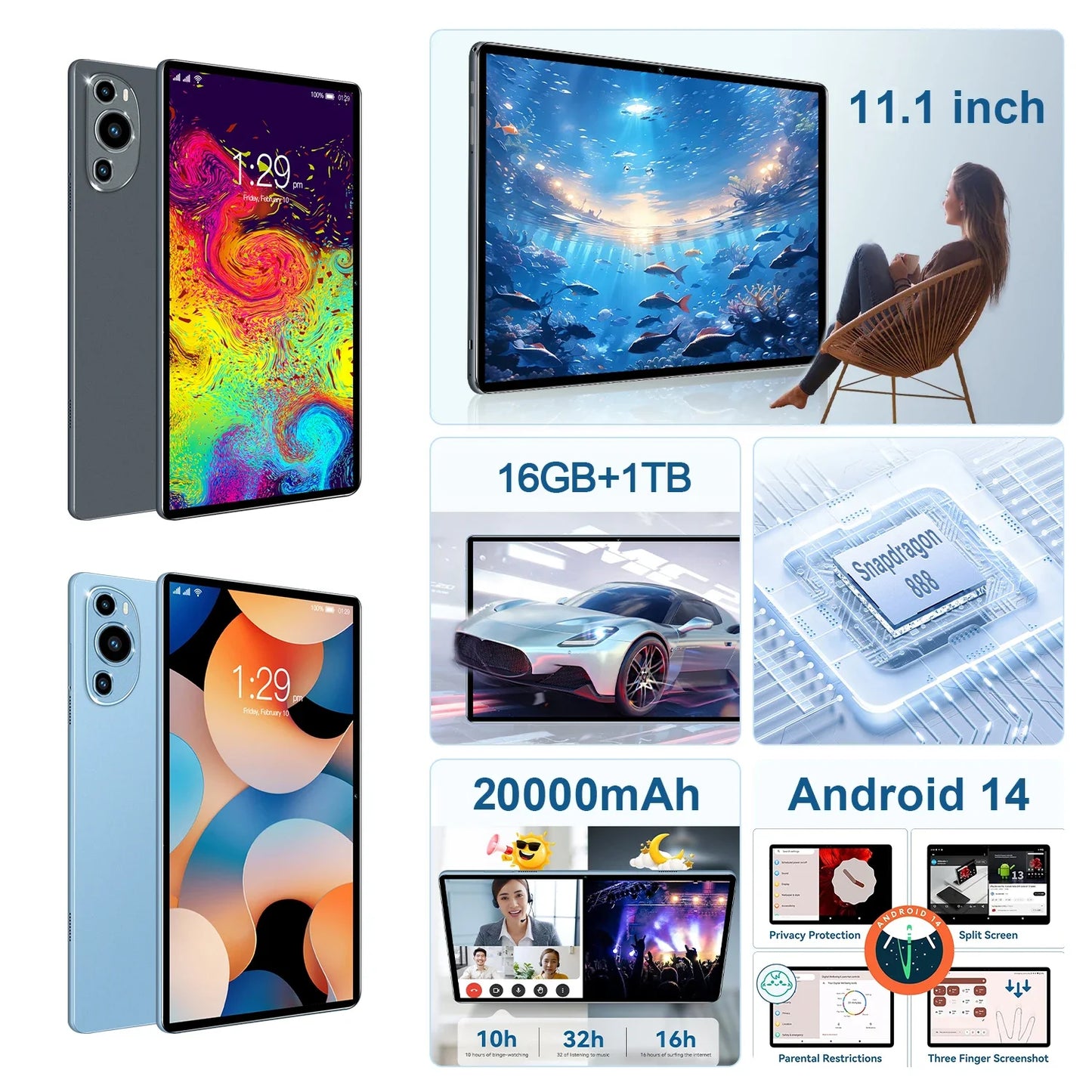 2025 Pad P61 22GB+2TB 11inch Android 14 Ai Powere 20000mAh Snapdragon888 5G HD 4K WIFI Dual SIM Card Bluetooth NEW Tablet PC Tab