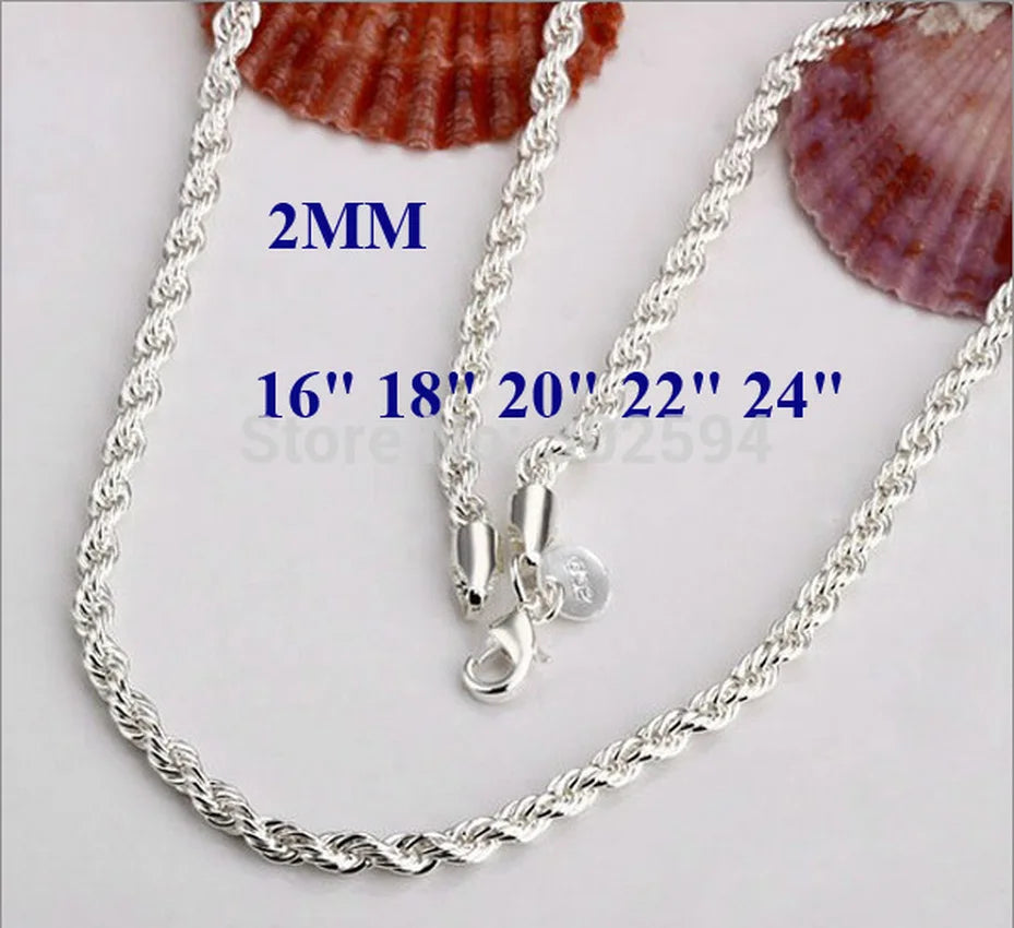 16-30 inches Beautiful Fashion Elegant 925 Sterling Silver Women Men 2mm Chain Cute Rope Necklace Can For Pendant