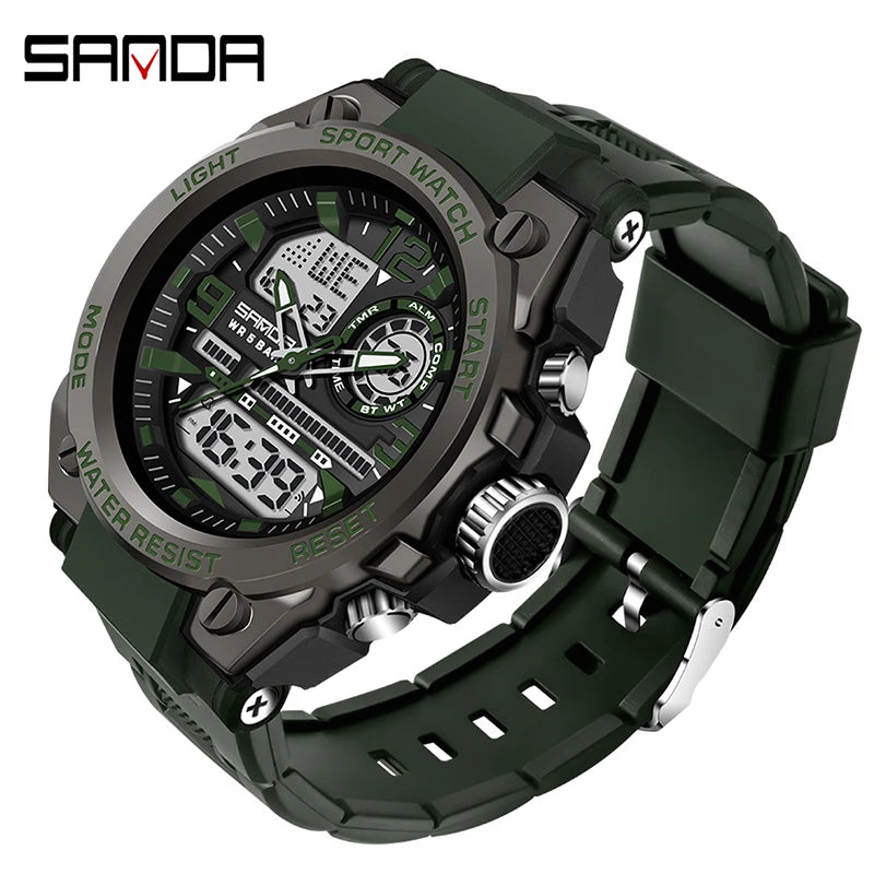 SANDA Men Sports Quartz Watches Dual Display LED Electronic Digital Wristwatches Waterproof Military Watch Relogios Masculino