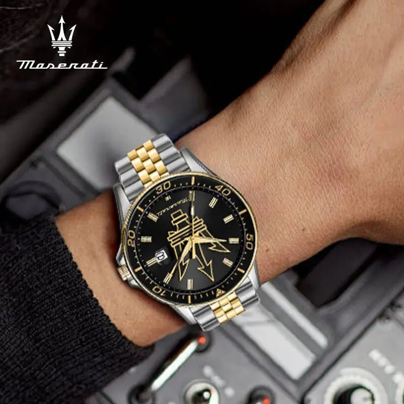 Original Maserati watches men's luxury fashion trends in Europe and America Shi Ying watches luminous gold steel strap.