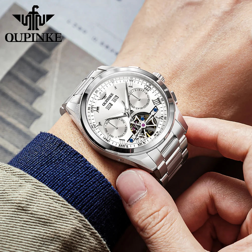OUPINKE 3281 Top Luxury Mens Watch Sapphire Flywheel Automatic Mechanical Watch For Man 50M Waterproof Calendar Week Gifts Reloj