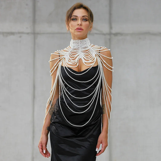 Women Pearl Shawl Necklaces Body Chain Sexy Beaded Collar Shoulder Pearl Bra Top Sweater Chain Wedding Dress Body Jewelry