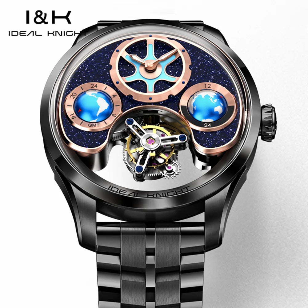 IDEAL KNIGHT 6808 Original Mechanical Watch For Men Top Brand 43mm Big Dial Flywheel Skeleton Hand Clock Business Man Watch Set