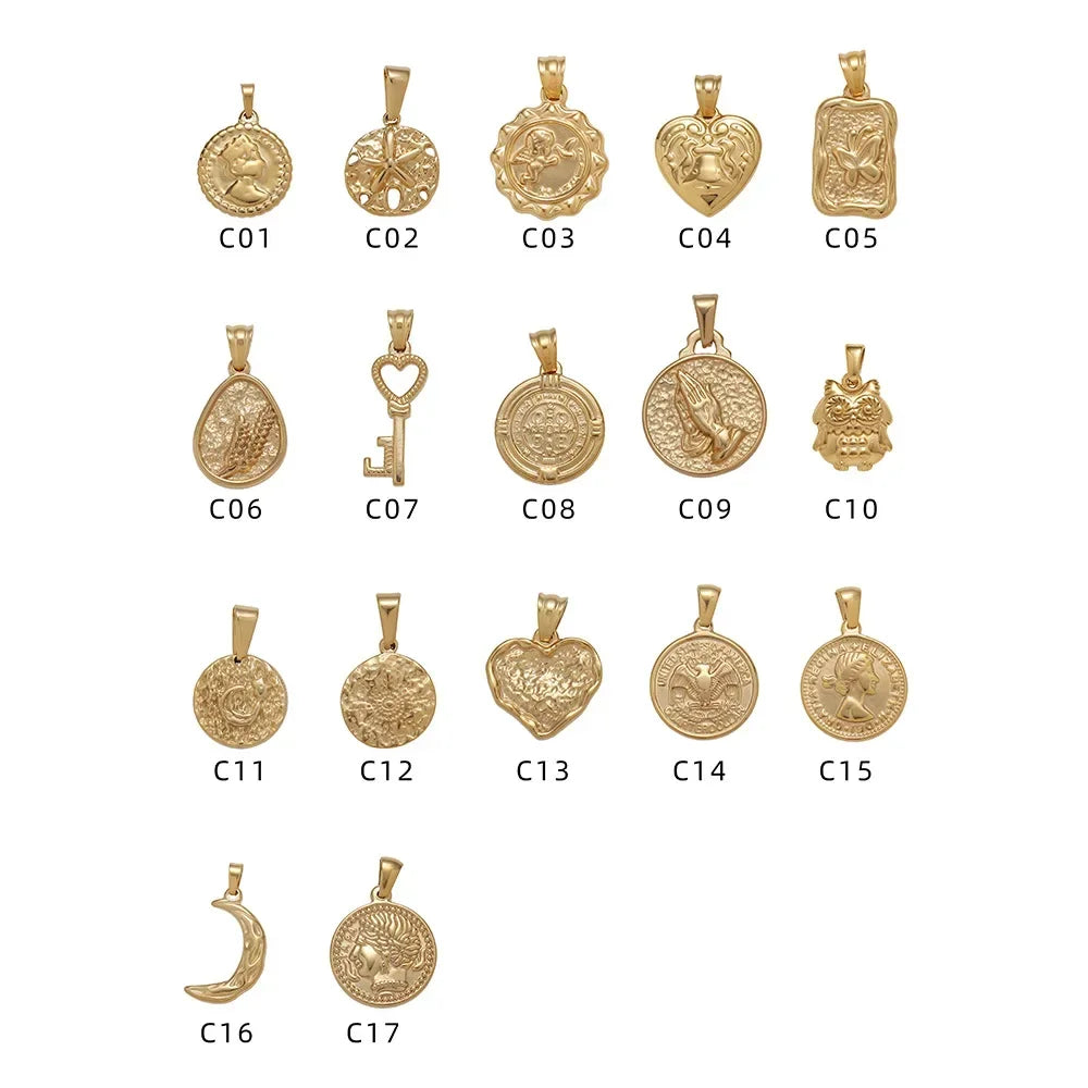 RHYOSNG Vintage Jewelery Stainless Steel 18K PVD Plated Golden Charm Round Portrait Key Moon Only Pendant For Women DIY Necklace