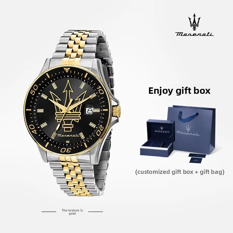 Original Maserati watches men's luxury fashion trends in Europe and America Shi Ying watches luminous gold steel strap.