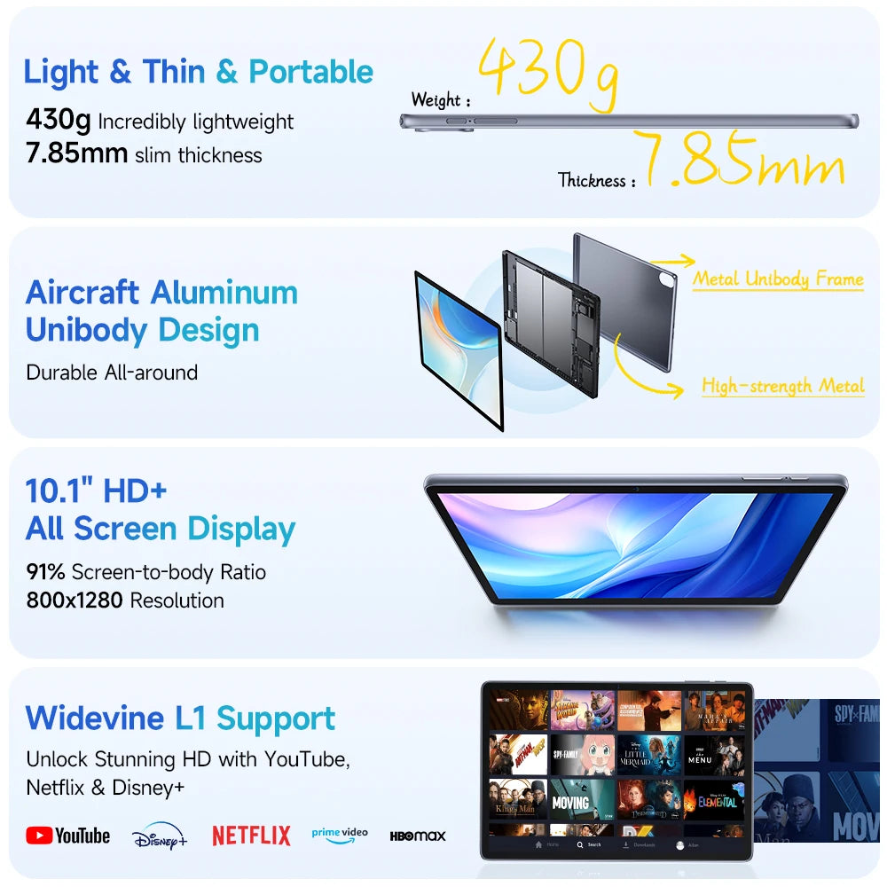 Ulefone Tab W10 Tablet 10.1‘’ HD+ Display 8GB RAM 128GB ROM 6600mAh Unisoc T606 Android 14 Tablet